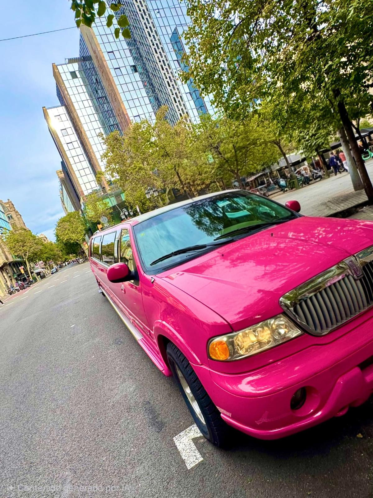 limusina rosa en carretera Limusinas Hummer recorriendo las calles de Barcelona, ofreciendo una experiencia única de glamour y confort en la ciudad.