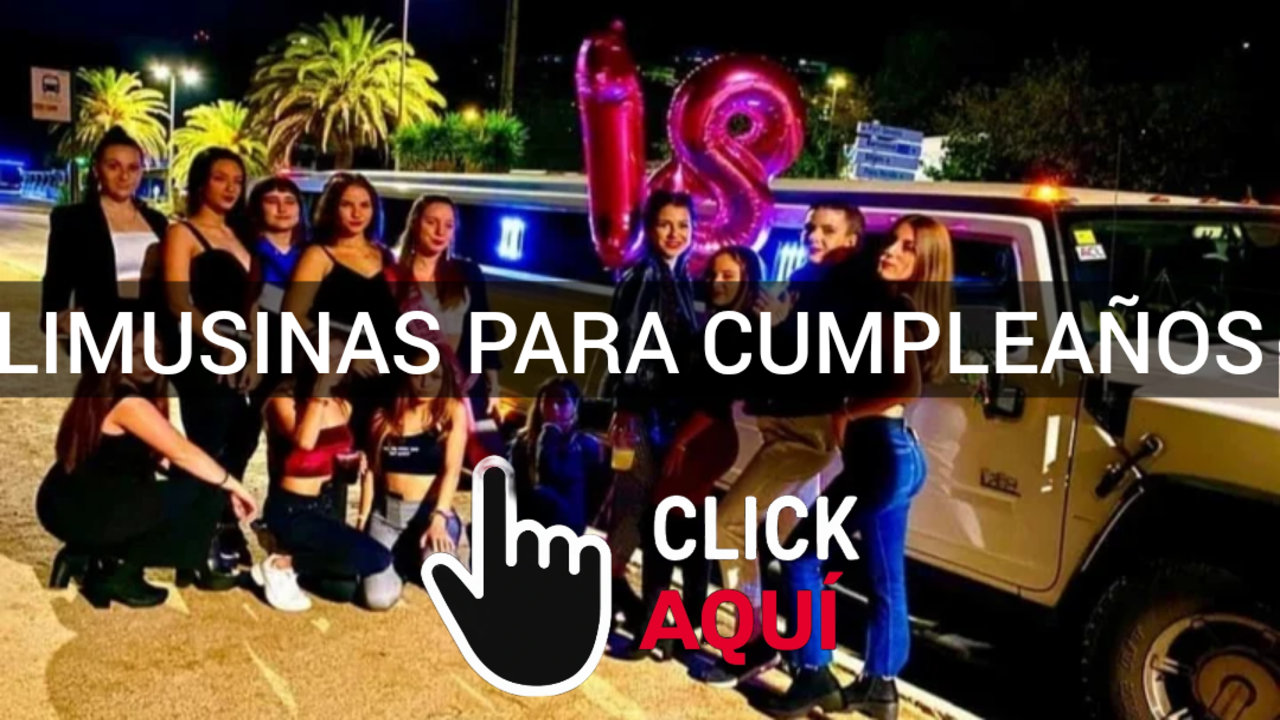 Limusinas decoradas con globos, guirnaldas y otros adornos festivos. El interior es alegre y cómodo, con asientos de colores brillantes, creando un ambiente perfecto para celebrar un cumpleaños de manera única.