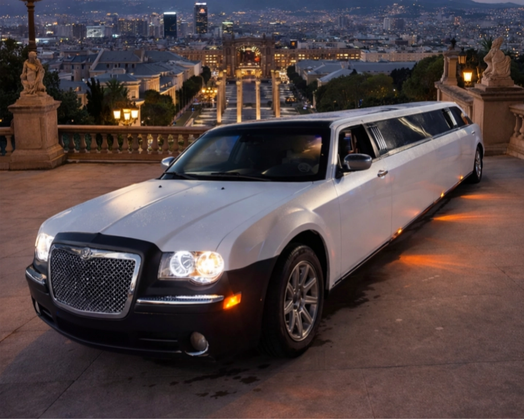 Limusina Chrysler blanca Premium en Barcelona con paisaje exclusivo – alquiler de limusinas premium