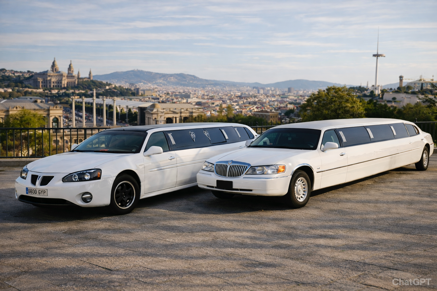 dos limusinas blancas en el mirador Limusina Pontiac blanca y limusina Lincoln americana blanca estacionadas juntas en el Mirador de Montjuïc con vistas panorámicas de Barcelona al fondo, fotografía realista en formato 1280x720.