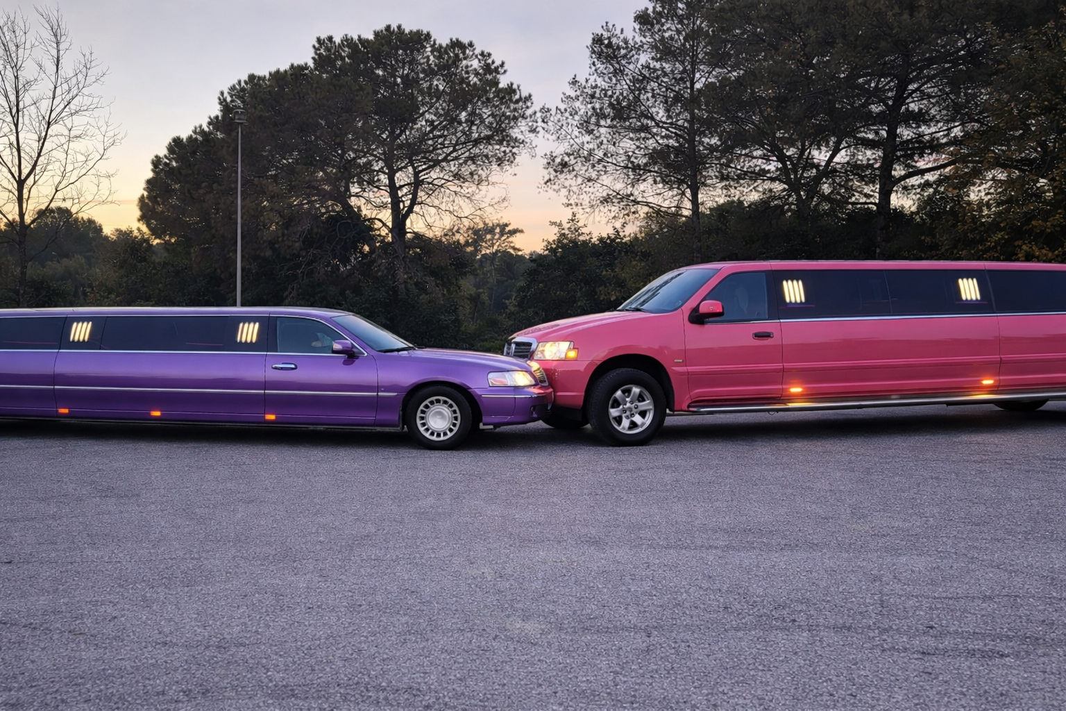 dos limusinas lila y rosa alt="Limusina lila y limusina rosa en Barcelona con capacidad conjunta para 15 personas, ideales para eventos, despedidas y fiestas privadas"