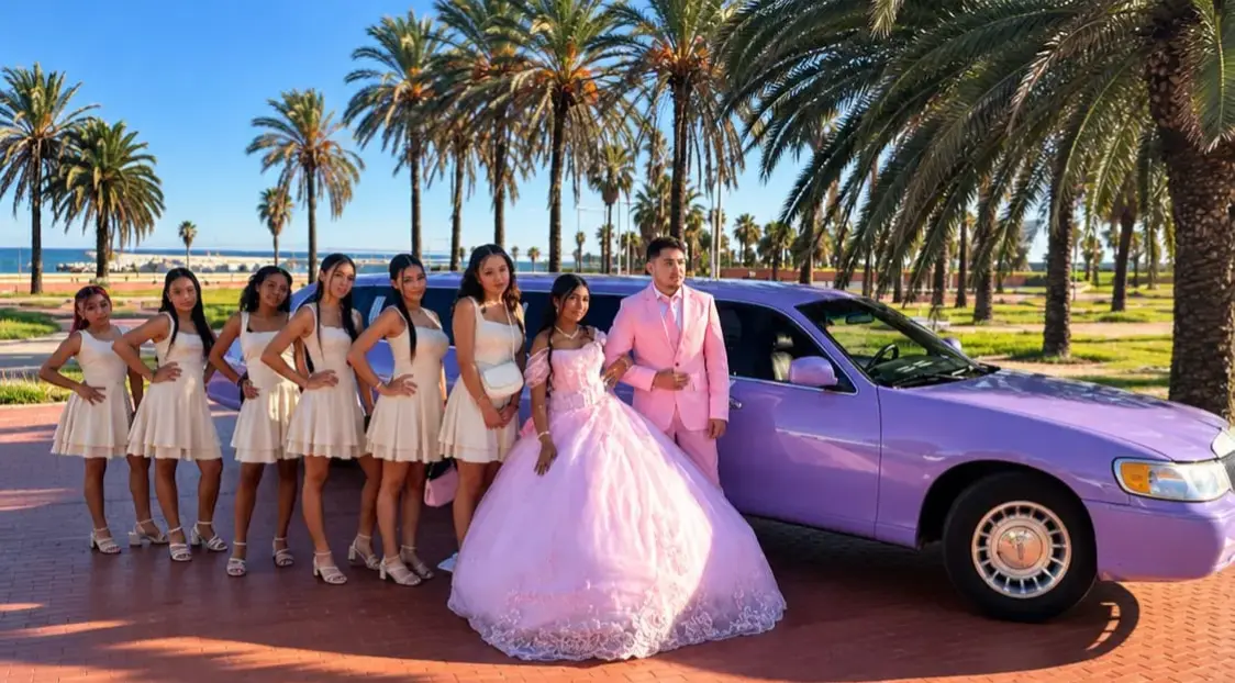 limusina-violeta-grupo-fiesta-15 Grupo de amigas y quinceañera posando junto a la limusina Lincoln violeta perla en Barcelona