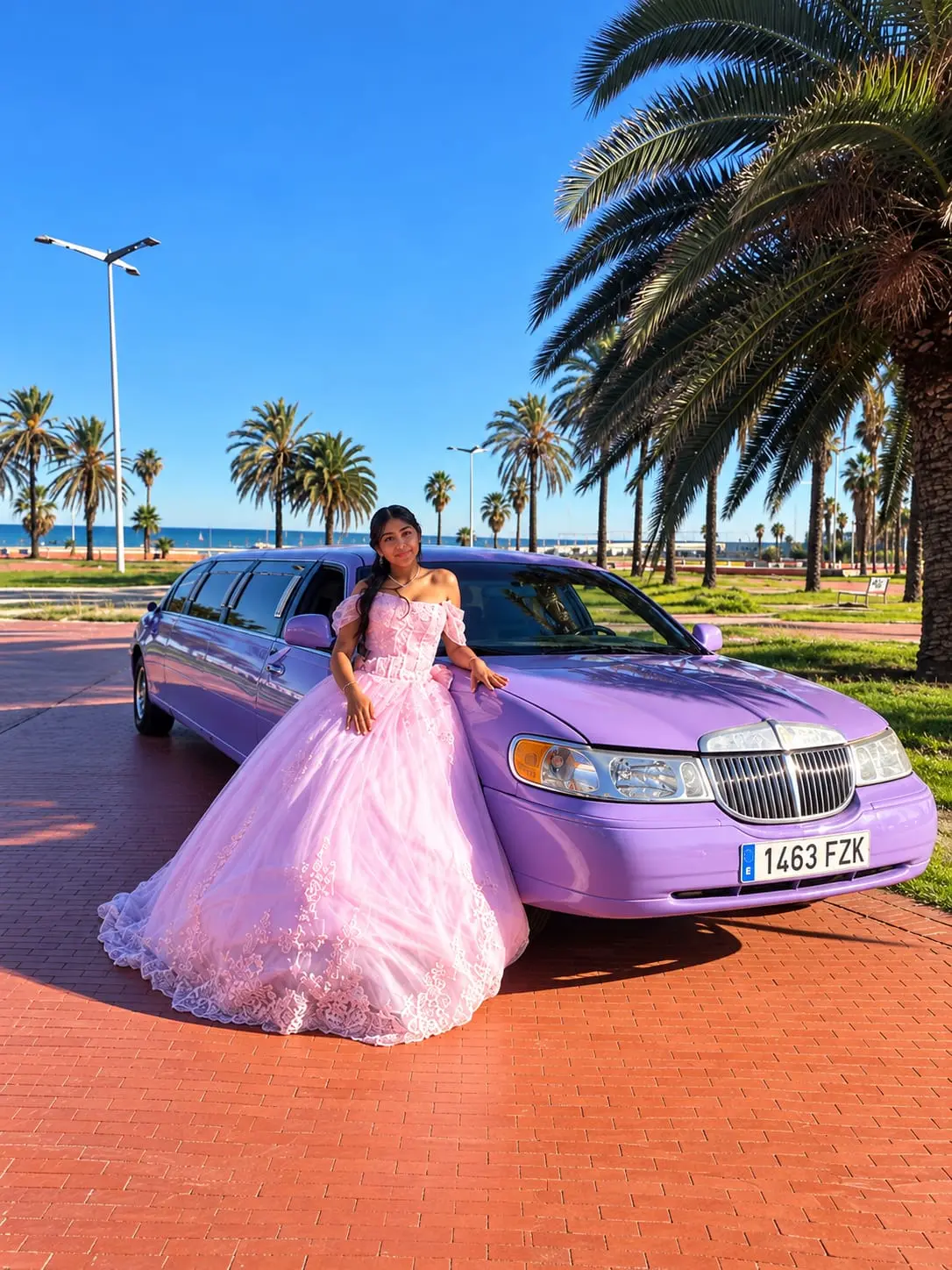 limusina-violeta-quinceañera Quinceañera con vestido rosa de gala junto a la limusina violeta perla en Barcelona